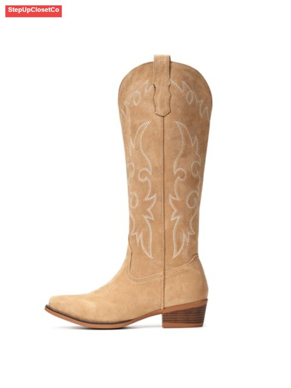 Suede Knee High Cowboy Boots Floral Embroidery Western Equestrian Boots - Picture 5 of 6